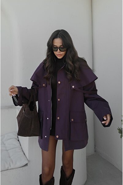 Havoş Plum Hooded Contrast Collar Trench Coat