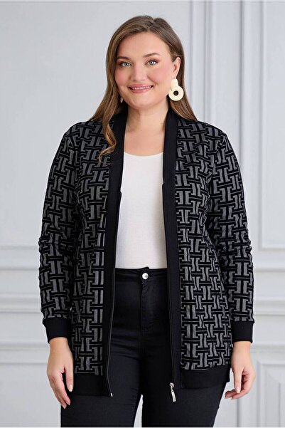FOR ESRA BIG TREND Women's Plus Size Embossed Velvet Patterned V-Neck Zippered Lightweight Stretchy Cardigan