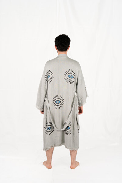 PERAVES Muslin Kimono 100% Cotton Eye Patterned Gray Bathrobe Kaftan Dressing...