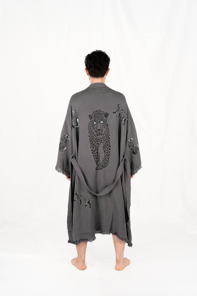 PERAVES Müslin Kimono %100 Pamuk Leopar Desenli Unisex Antrasit Bornoz Kaftan Sabahlık