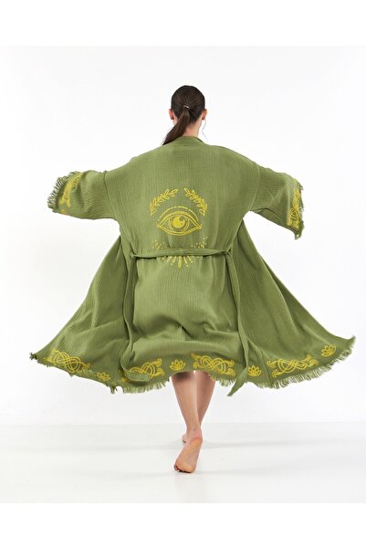 PERAVES روب كيمونو من الموسلين 100% قطن بنقشة عيون باللون الكاكي، قفطان، روب ...