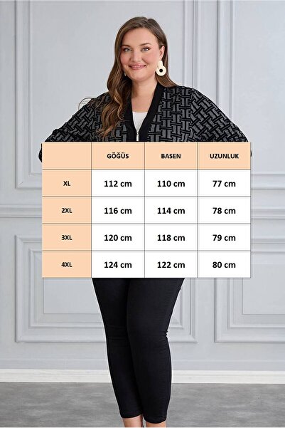 FOR ESRA BIG TREND Women's Plus Size Embossed Velvet Patterned V-Neck Zippered Lightweight Stretchy Cardigan