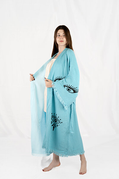 PERAVES كيمونو من الموسلين 100% قطن بنقشة العين باللون الفيروزي، رداء حمام، ق...