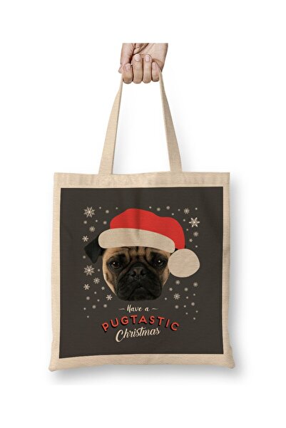 Toyaso Have A Pugtastic Christmas Pug Dog Geantă de Crăciun din pânză albă Ge...