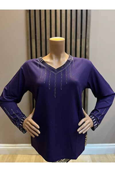 AKMAVİ Kadın Orta Yaş Ve Üzeri Triko V Yaka Taşlı Mürdüm Anne Penye Bluz