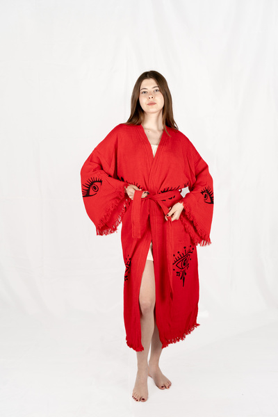 PERAVES Muslin Kimono 100% Cotton Eye Pattern Red Bathrobe Kaftan Dressing Gown