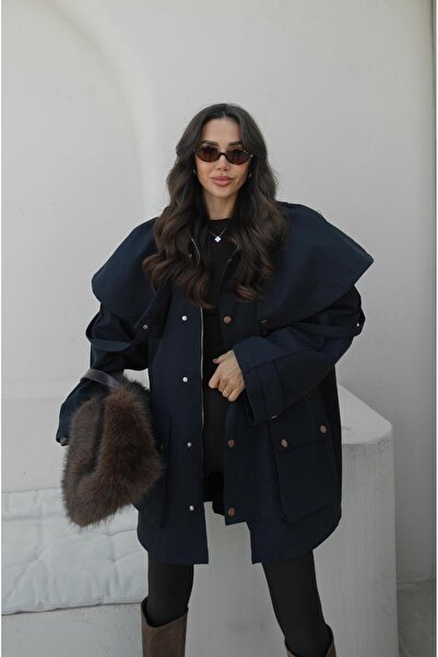 Havoş Navy Blue Hooded Contrast Collar Trench Coat