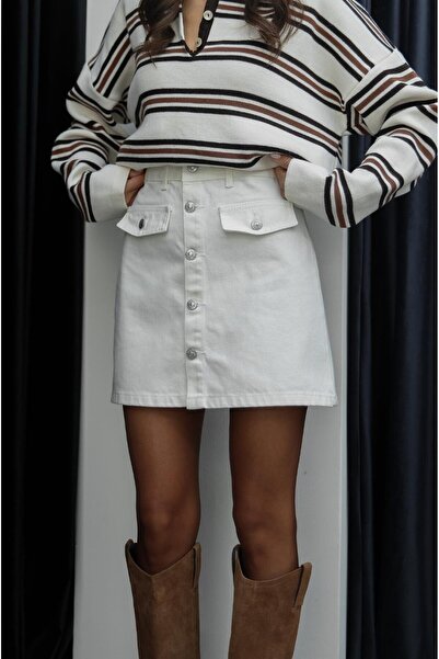 Havoş Ecru Metal Buttoned Mini Skirt