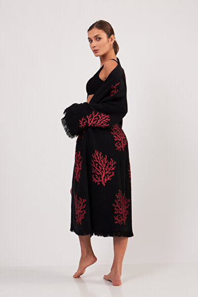 PERAVES كيمونو من الموسلين 100% قطن بنقشة المرجان، روب استحمام أسود، قفطان، ث...