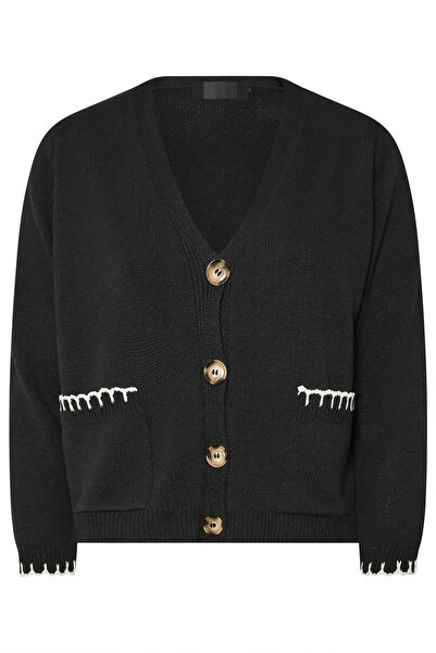 FOR ESRA BIG TREND Women's Plus Size Contrast Blanket Stitch Buttoned Pocket V-Neck Short Knit Cardigan