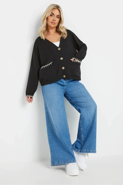 FOR ESRA BIG TREND Women's Plus Size Contrast Blanket Stitch Buttoned Pocket V-Neck Short Knit Cardigan