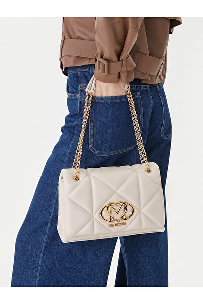 Love Moschino Women's Quilted Chain Strap Leather Zipper Closure Ecru Shoulder Bag Jc4041Pp0Nlc0-110