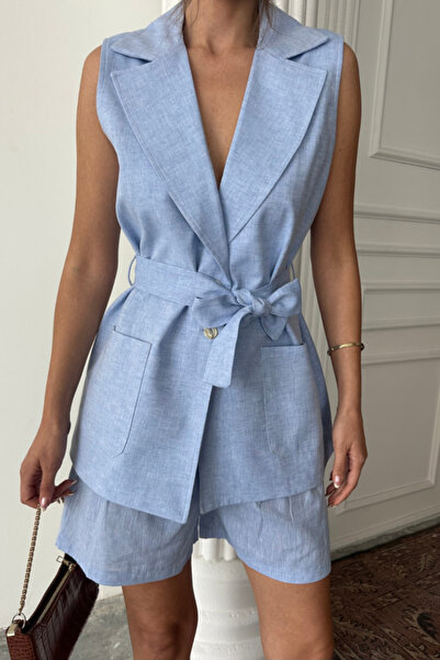 Queene Dreams Комплект от ленен жилетка и къси панталони - син