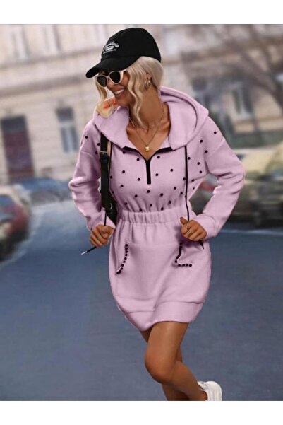 Genel Markalar Kadın Beli Lastikli Inci Detay Kapüşonlu Mini Elbise