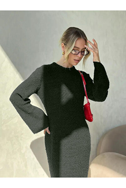 MAXXANA Spanish Sleeve Crew Neck Textured Knitwear Dress Is Suitable for M-L-Xl