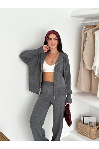 MAXXANA Hooded Double Zipper Corded Fabric Cardigan and Pants Two-Piece Cotton Knitwear Set