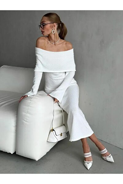 MAXXANA Spanish Sleeve Madonna Collar Textured Knitwear Dress Is Suitable for M-L-Xl