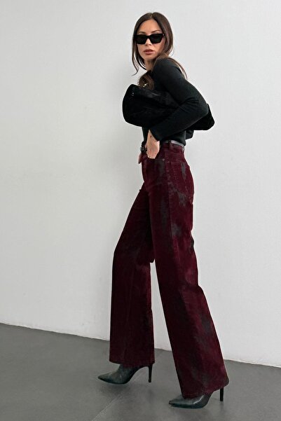 5in1Canpolat Burgundy Belted Wide Leg Jean 8077