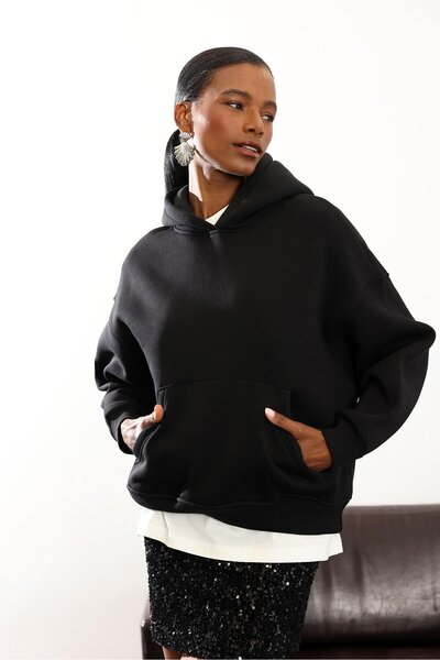 5in1Canpolat Black Fleece-Lined Oversized Sweatshirt 10801