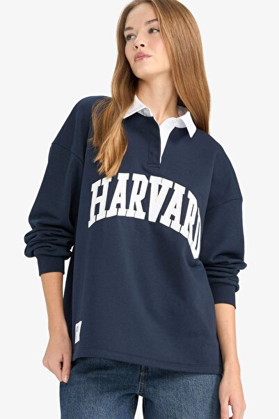 DeFacto Okula Dönüş Harvard University Oversize Geniş Kalıp Polo Yaka Baskılı Kalın Kumaş Sweatshirt G3692AX