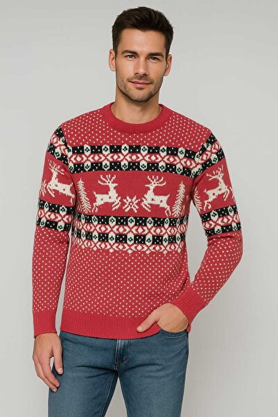 ANATOLIATEKSTILE Men's Christmas Sweater – Chunky Knit, Reindeer & Fir Tree Pattern, Festive Red