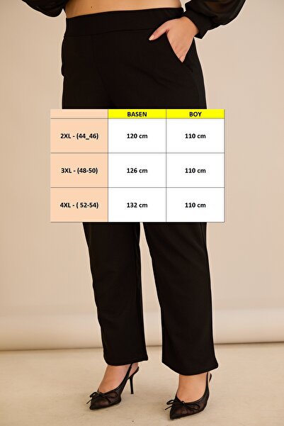 FOR ESRA BIG TREND Women's Plus Size High Waist Elastic Pocketed Flared Leg Woven Crepe Stretchy Pants