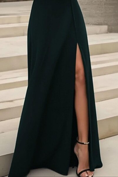 Mossta Madonna Collar Slit Long Imported Crepe Dress - Green