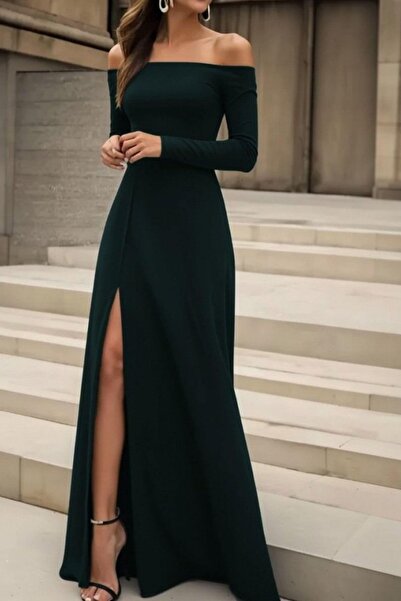 Mossta Madonna Collar Slit Long Imported Crepe Dress - Green