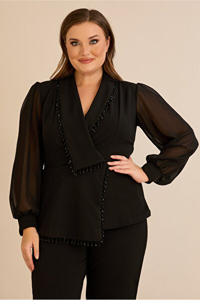 FOR ESRA BIG TREND Women's Plus Size Double-Breasted Collar Accessory Detail Long Chiffon Sleeve Woven Crepe Stretchy Blouse