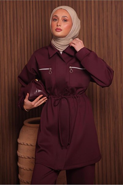 TRENDTESETTÜR Women's Burgundy Pants Suit with Scuba Knitting t 9235