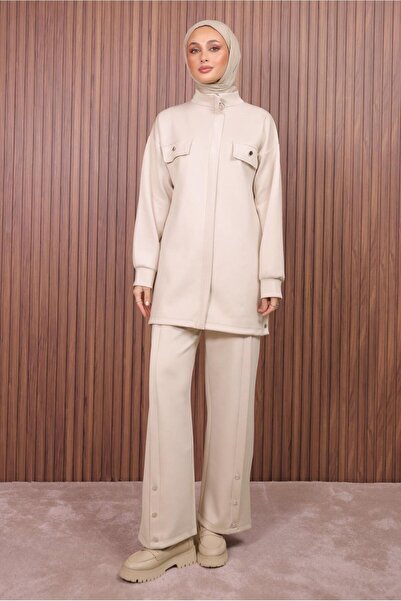 TRENDTESETTÜR Women's Beige Pants and Scuba Knitted Suit t 7235