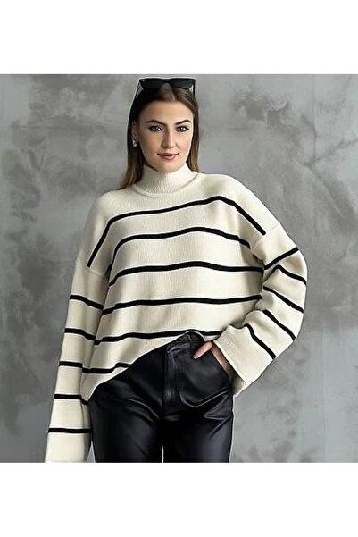Acarsoystore Striped Spanish Sleeve Knitwear High Neck Sweater White Elf