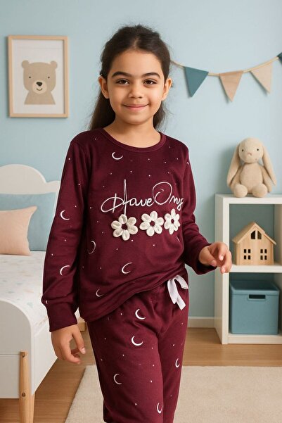 asiltr Girl's Velvet Long Sleeve Crew Neck Flower Pattern Pajamas Set