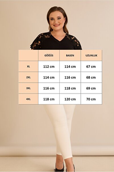 FOR ESRA BIG TREND Women's Plus Size Shoulder Flower Guipure Low-Cut V-Neck Raglan Short Sleeve Viscose Stretchy Blouse