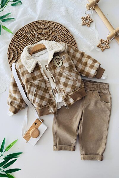 Minigimin Cicileri My Little One's Checkered G-Pattern Coat Is a Baby Boy's Coat. Set of 3 - Brown