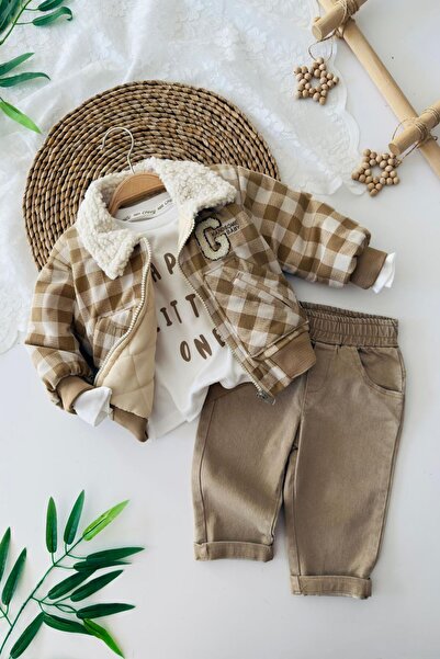 Minigimin Cicileri My Little One's Checkered G-Pattern Coat Is a Baby Boy's Coat. Set of 3 - Brown