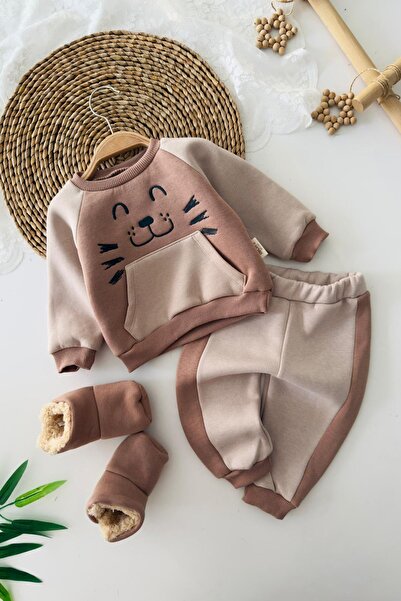 Minigimin Cicileri My Little One's Cute Face Embroidered Pocketed Booties Baby 3-Piece Winter Set - Brown