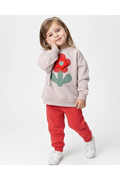 Egelite Girl's Floral Patterned Cotton Tracksuit Set 1-4 Years Old | Winter 3 Thread Fleece-Lined Thick Baby Set