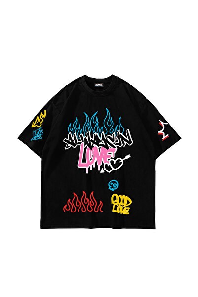 Sekizbiraltı Love Graffiti Printed Oversized Unisex Black Tshirt