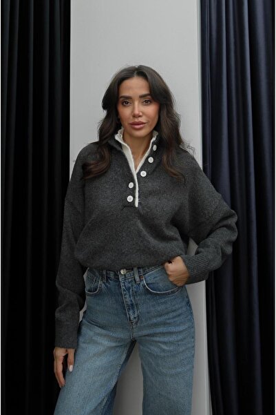 Havoş Anthracite Two-Patch Button Detailed Sweater