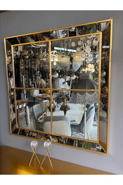 Amisos Dekor 92x92 cm Martı Model Bölmeli Kare Dekoratif Ayna – MDF Gold Lake...