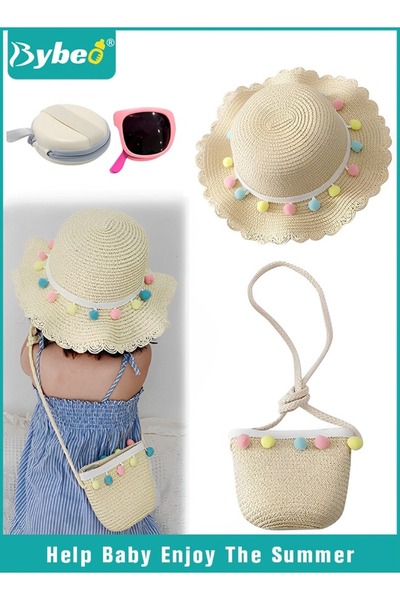 BYBEO Baby Girl Straw Hat, Baby Sun Hat with Toddler Sunglass And Shoulder Ba...