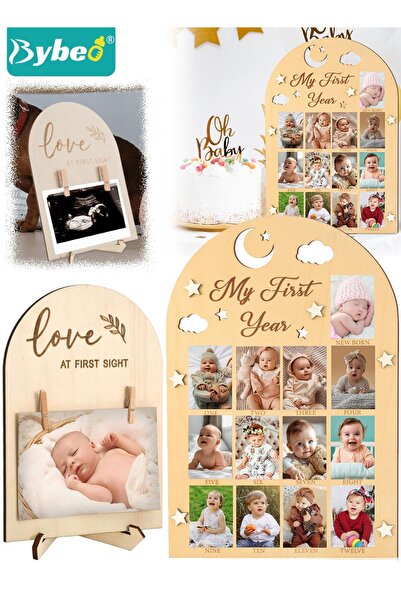 BYBEO 2 Pcs Baby Picture Frame, Baby Keepsake, My First Year Photo Frame Board, Photo Display Wood Board,