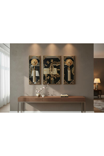 Amisos Dekor Gold Çerçeveli 3’lü Aynalı Eko Duvar Saati Takımı – Püsküllü Lük...