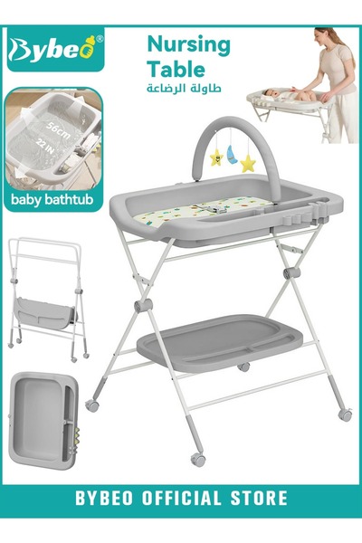BYBEO طاولة تغيير حفاضات الأطفال 2 في 1 وحوض استحمام للأطفال، ومحطة حفاضات ال...