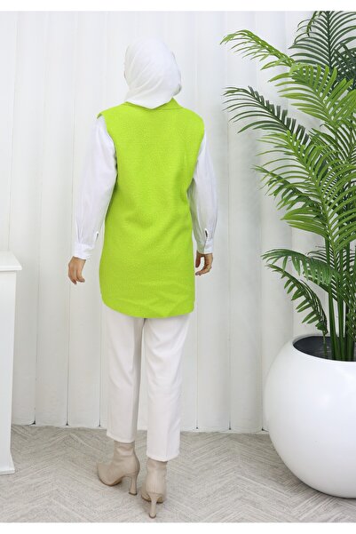 MİSS M.A.T FASHİON Buklet Pon Pon Fabric Pocketed Covered Double-Breasted Collar 4 Button Vest