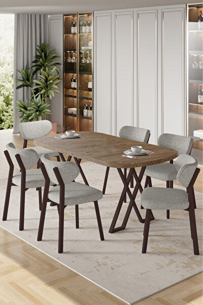 Canisa Axton Serisi Sabit Mdf 90x168 Atlantik Çam Mutfak Masa Takımı 6 Gri Sa...