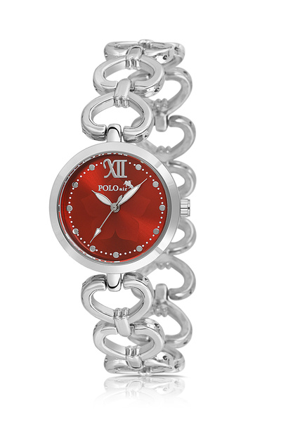 Polo Air Heart Detailed Chain Cord Women Wrist Watch Silver Red Color Pl-1558B6X