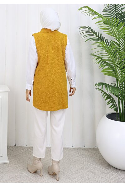 MİSS M.A.T FASHİON Bucket Pon Pon Fabric with Pocket Cover Crossbody Collar 4 Button Vest