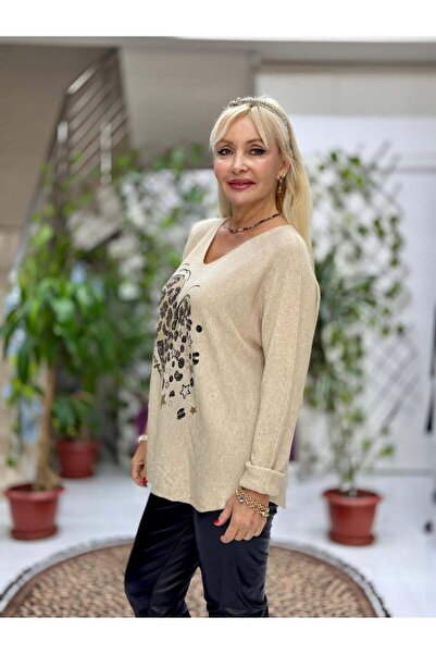 Punta Otantik Yg8023 Heart Patterned Stone Italian Knitwear Blouse Beige